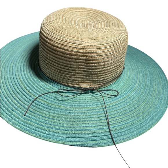 NWOT Kallina Wide Brim Sun Hat Blue Tan Beaded Butterfly Charm Sun Protection - Picture 8 of 13